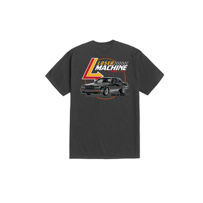 black Loser Machine shirt with script and car graphic on a white background