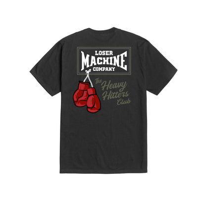 Black t-shirt with boxing glove graphic and text on a white background