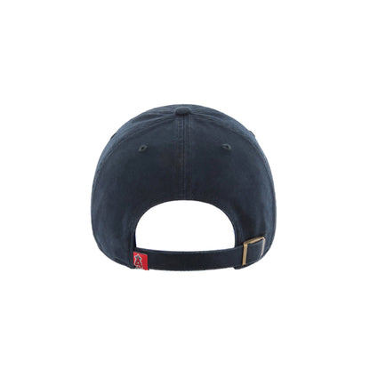 Navy blue cap with a small red and white logo on the back against a white background