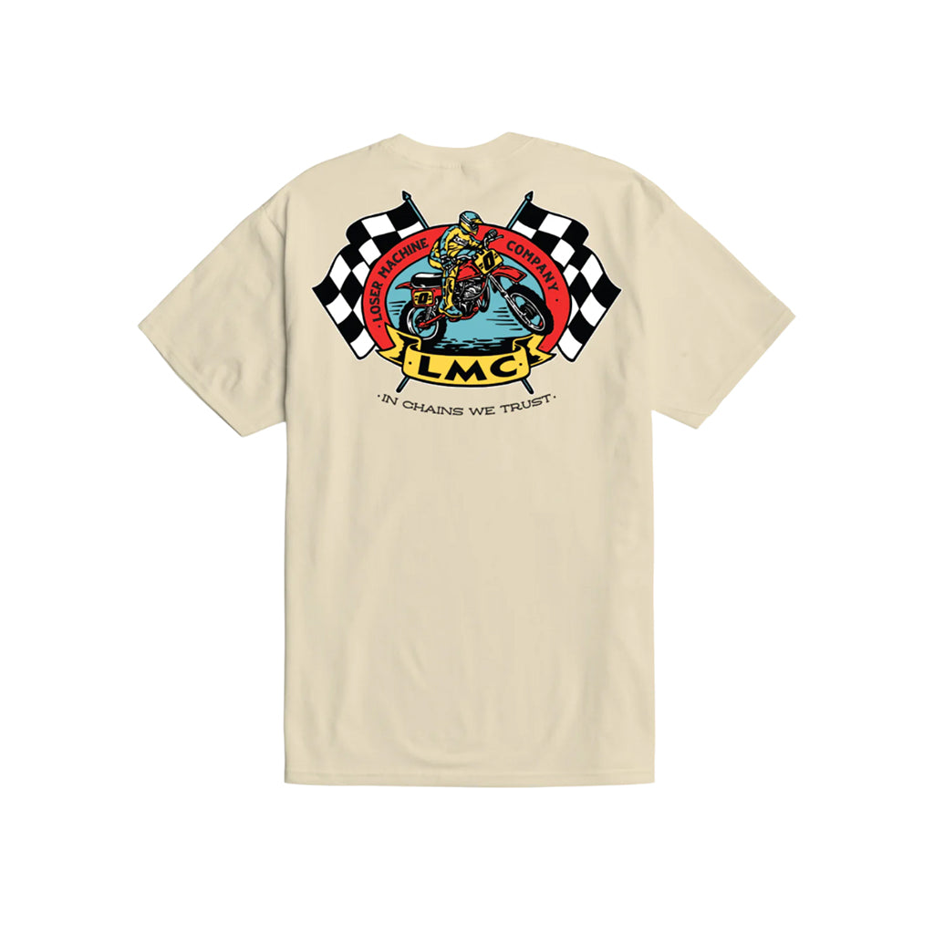 motorcycle graphic on a beige shirt