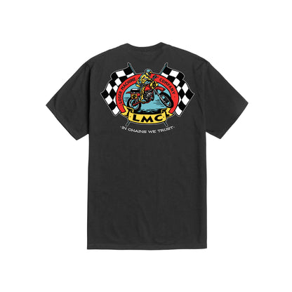 Black t-shirt with a graphic design of a motorcycle rider and checkered flags on a white background