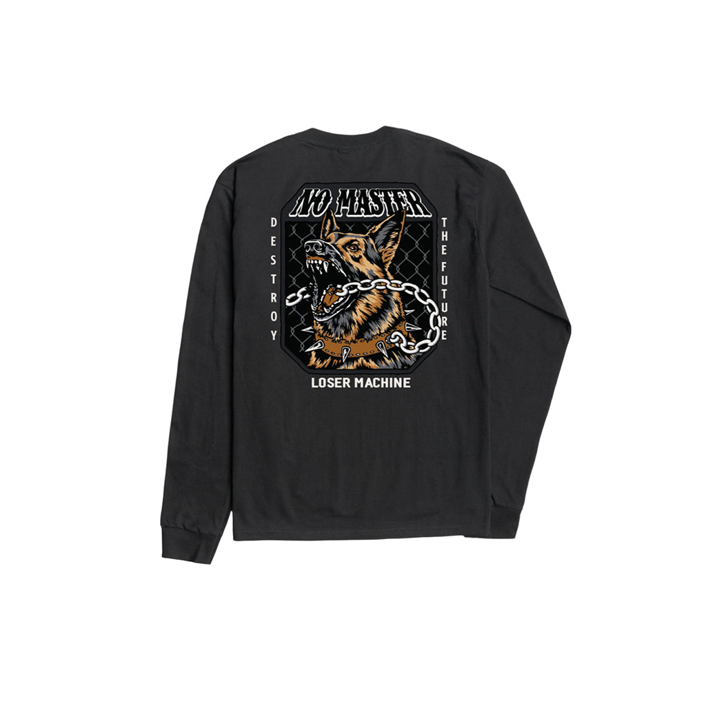 Black long-sleeve shirt with a graphic design on the back featuring a dog and text.