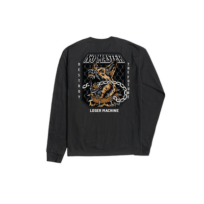 Black long-sleeve shirt with a graphic design on the back featuring a dog and text.