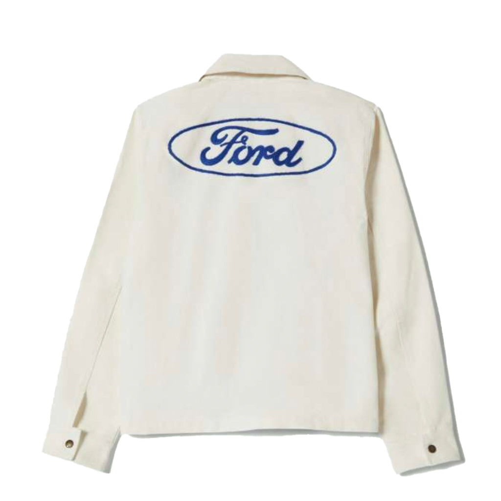 White jacket with blue Ford logo on a white background