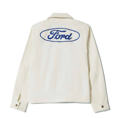 White jacket with blue Ford logo on a white background