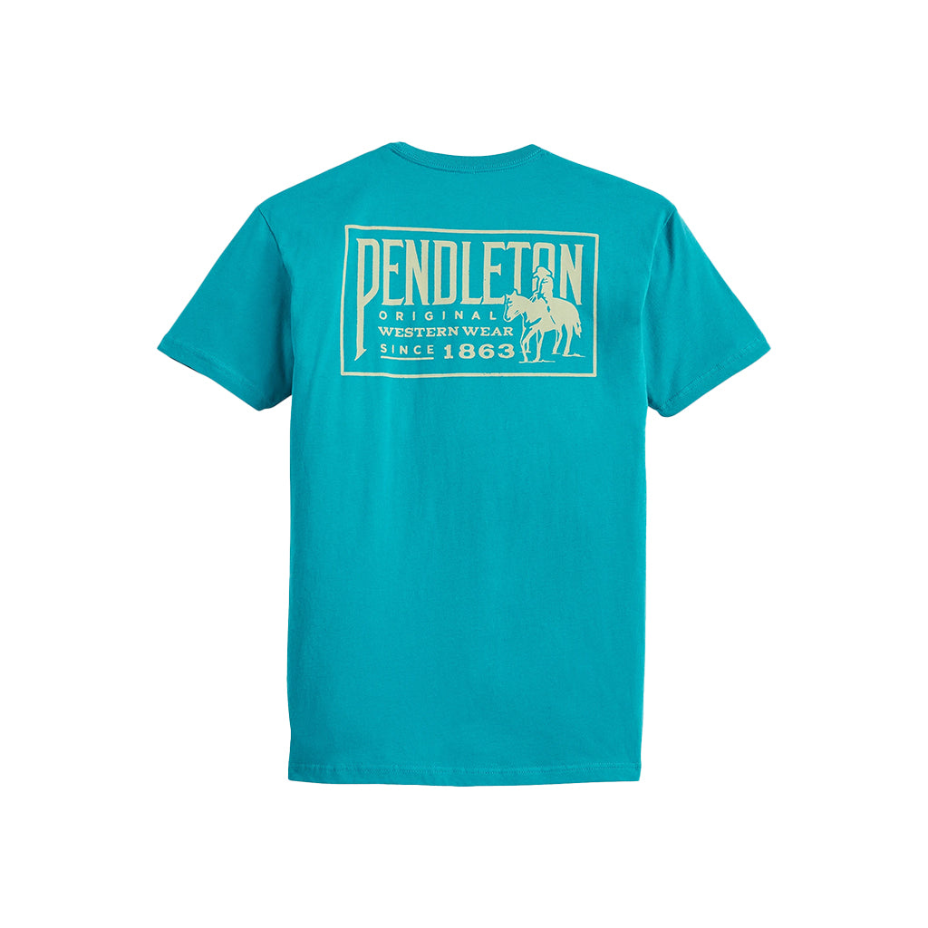 Teal t-shirt with Pendleton logo on the back against a white background
