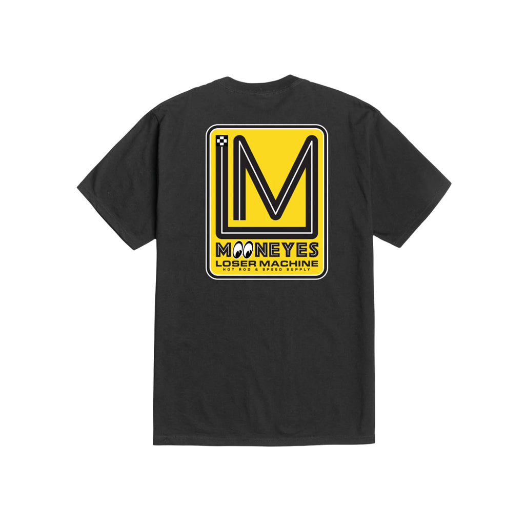 Black t-shirt with yellow and white logo on the back against a white background
