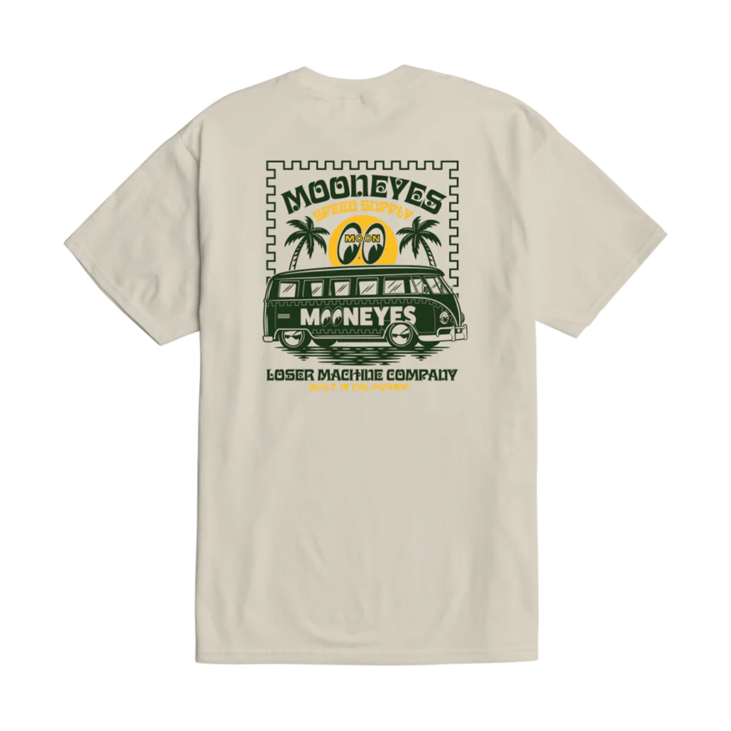 Beige t-shirt with a graphic of a van and palm trees on the back, on a white background.