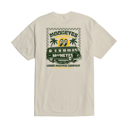 Beige t-shirt with a graphic of a van and palm trees on the back, on a white background.