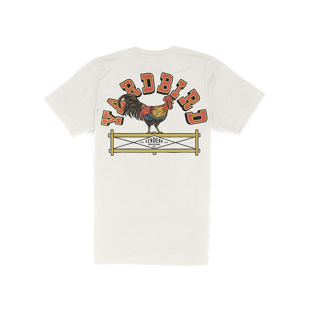 White t-shirt with a colorful rooster graphic and 'Yardbird' text on a white background
