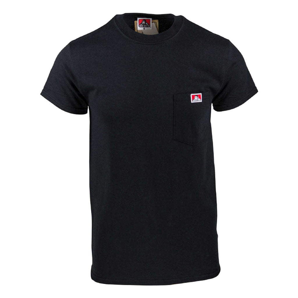 Black t-shirt with a small logo on a white background