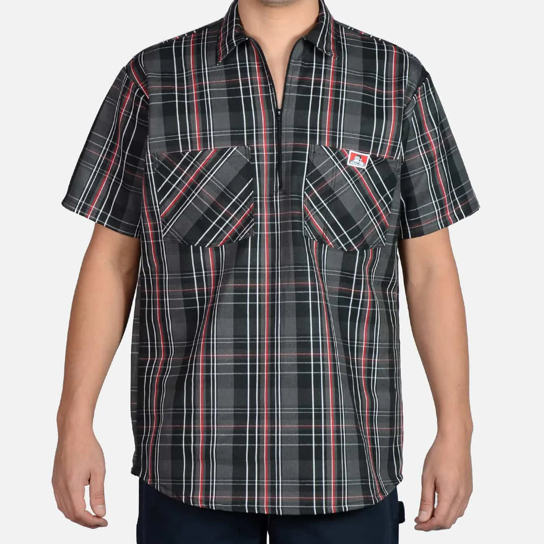 Half Zip Short Sleeve Black & Red Plaid