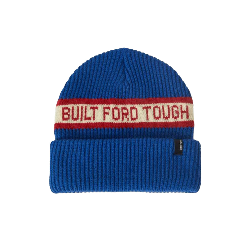 Blue beanie with 'Built Ford Tough' text on a white background