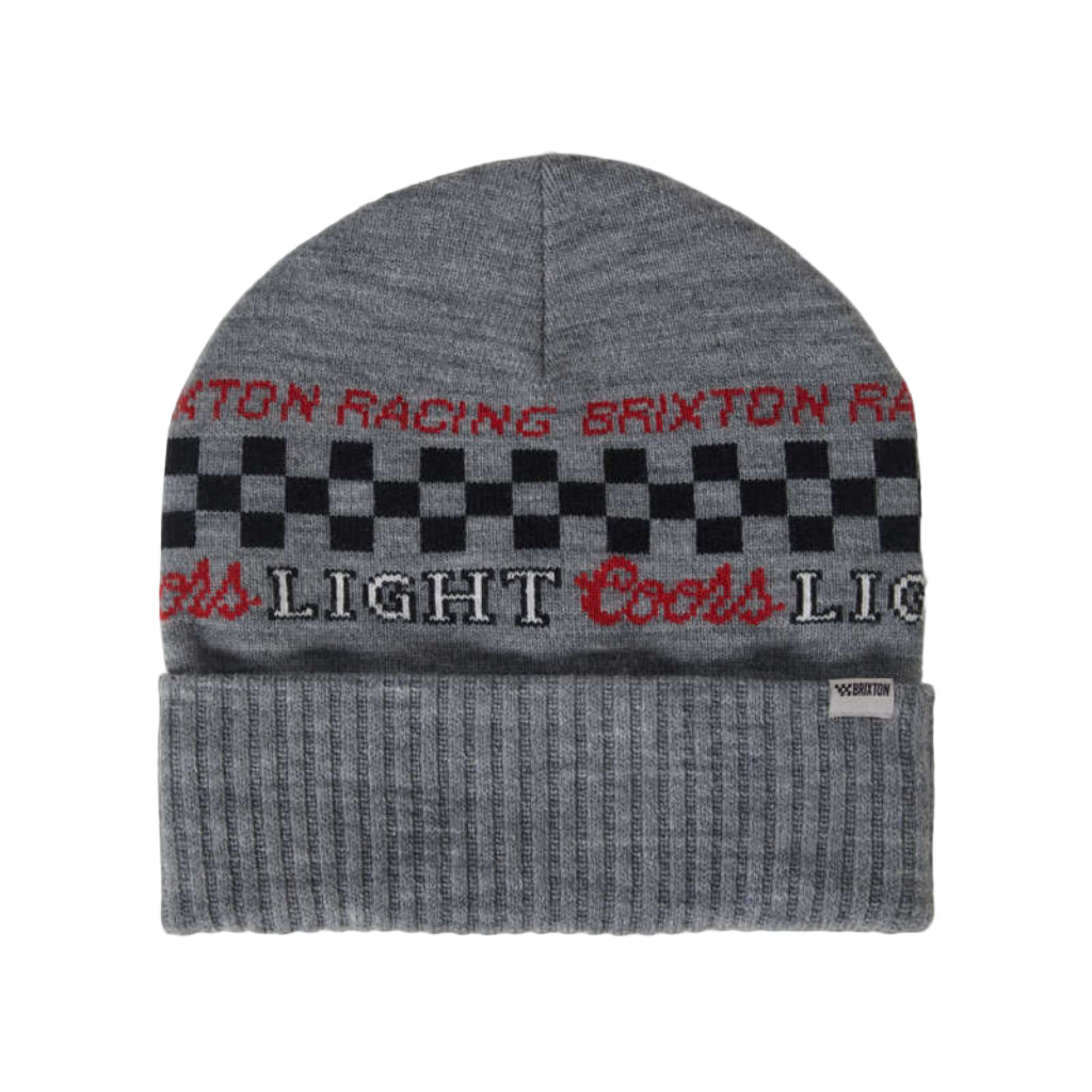 Gray beanie with checkered pattern and text on a white background