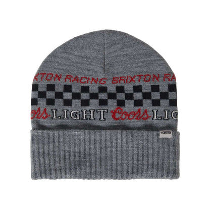 Gray beanie with checkered pattern and text on a white background