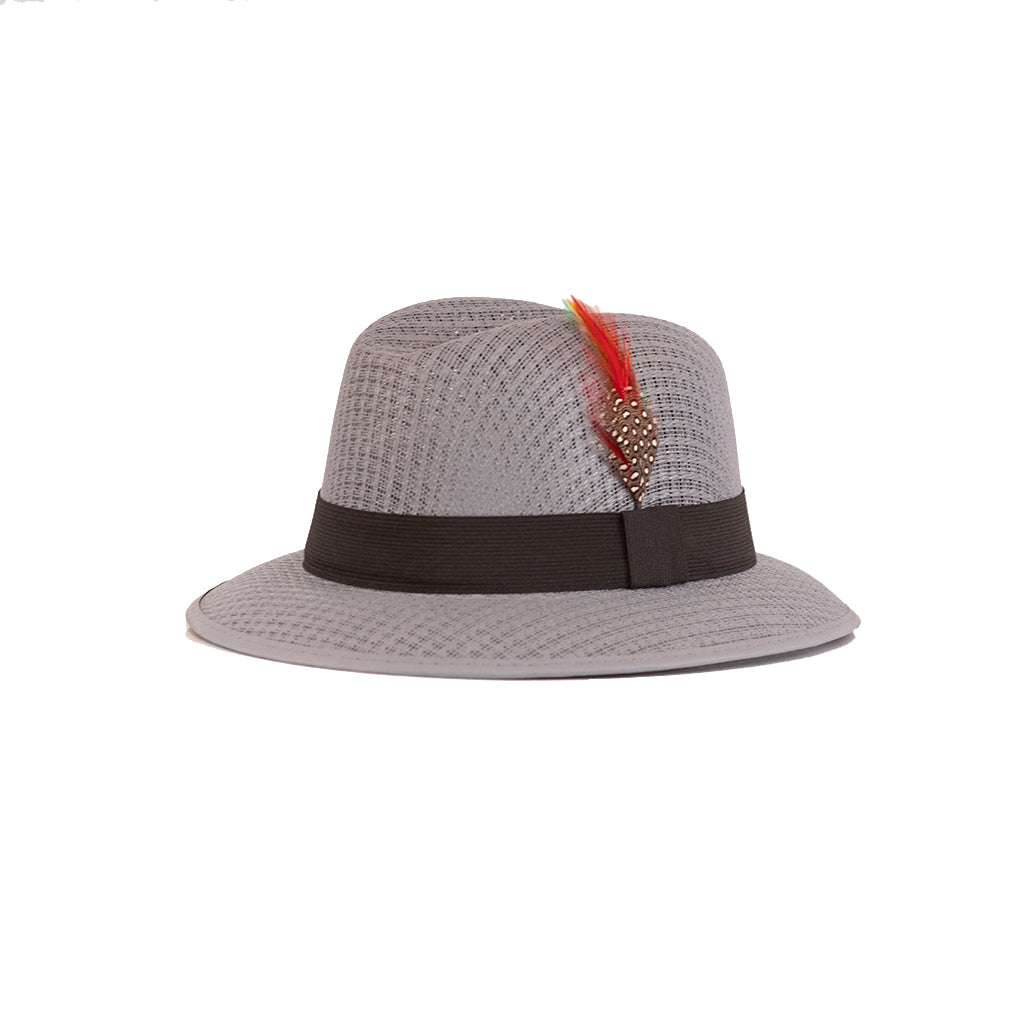Gray straw hat with a brown band and red and gold feather on a white background
