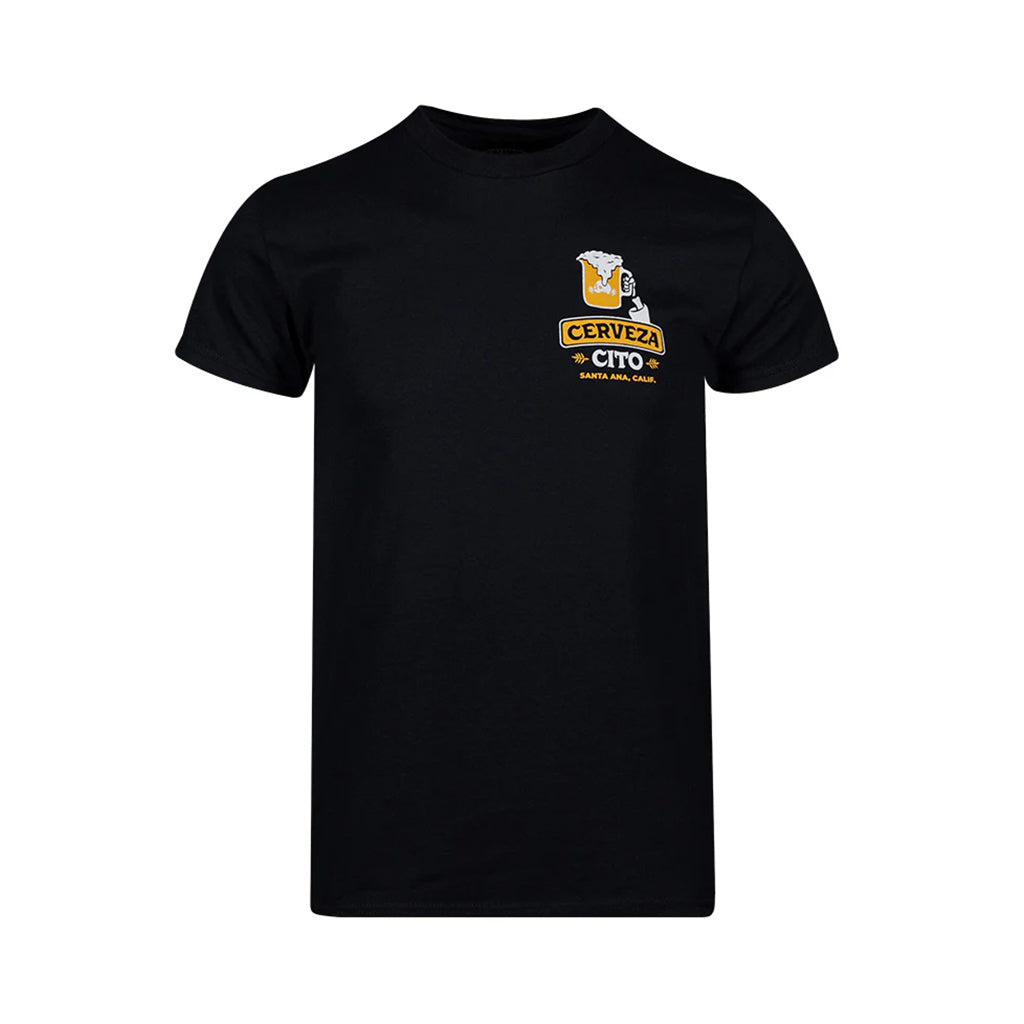 Black t-shirt with a 'Cerveza Cito' logo on a white background