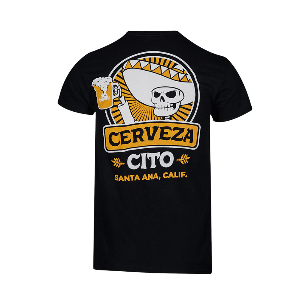 Black t-shirt with a skull and beer graphic and 'Cerveza Cito' text on a white background