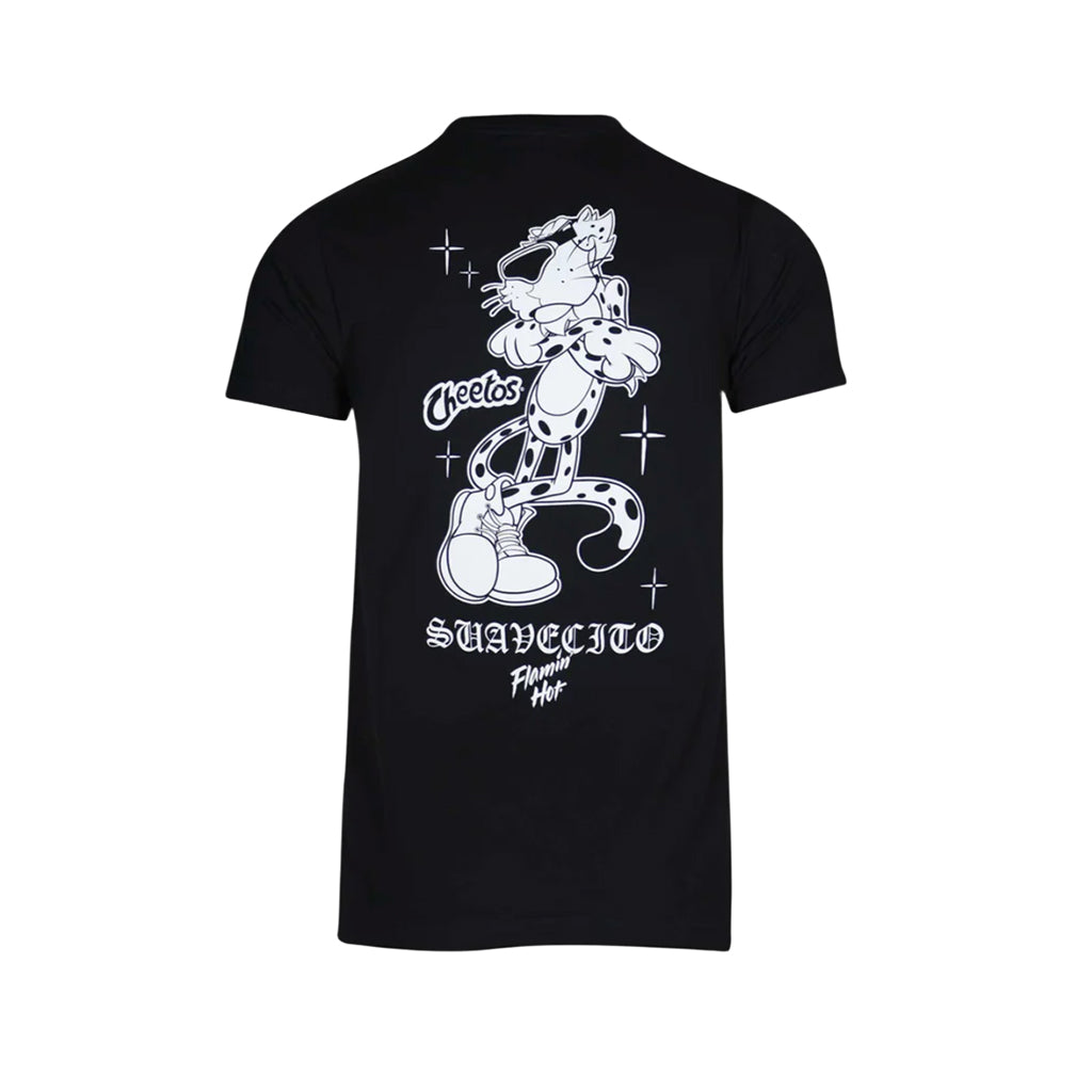 Black t-shirt with white Chester Cheeto design on a white background