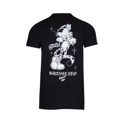 Black t-shirt with white Chester Cheeto design on a white background