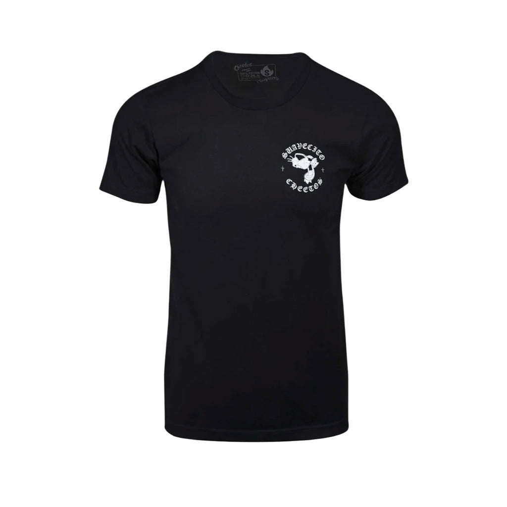 Black t-shirt with a white Chester Cheeto design on a white background