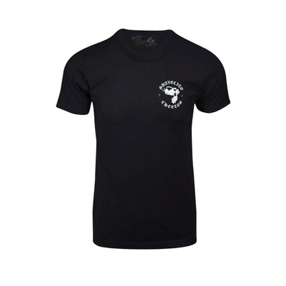 Black t-shirt with a white Chester Cheeto design on a white background