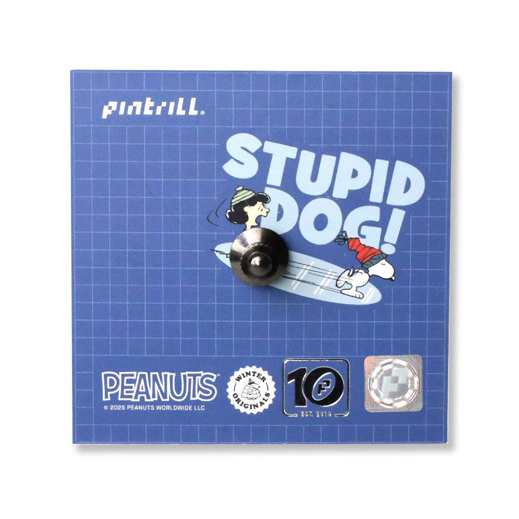 Pin Lucy and Snoop with 'Stupid Dog!' text on a blue grid background