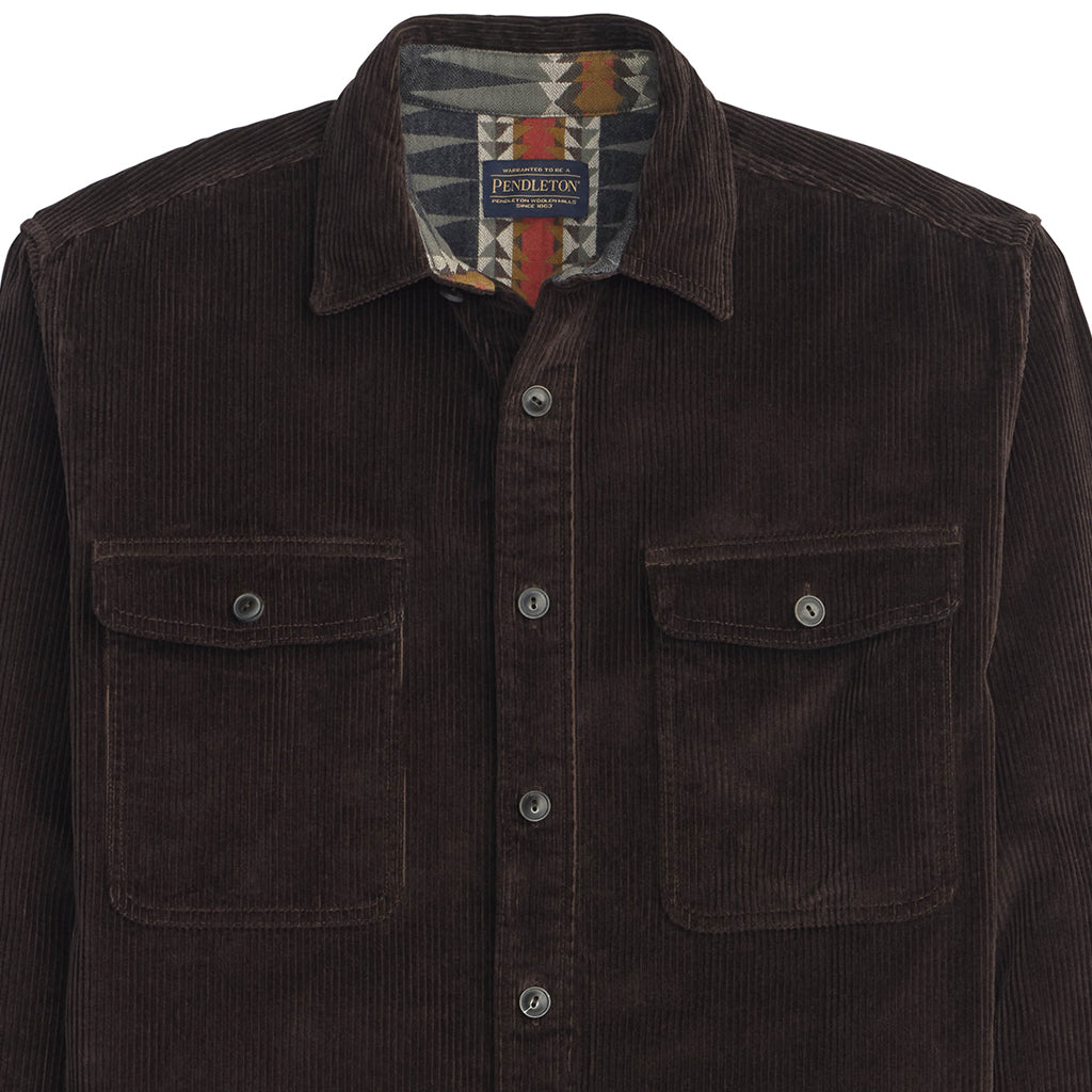 Brown corduroy shirt with patterned collar on a white background