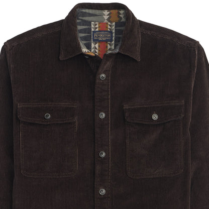 Brown corduroy shirt with patterned collar on a white background