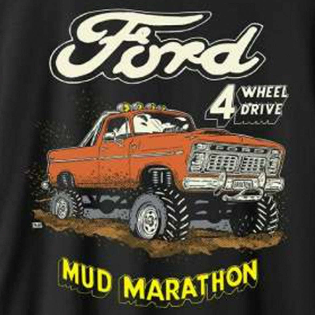 Black t-shirt with orange truck graphic and 'Ford 4 Wheel Drive Mud Marathon' text on a black background