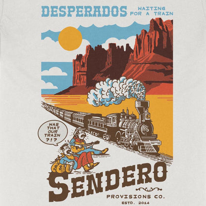 Vintage-style poster with a train and desert landscape, featuring the brand 'Sendero Provisions Co.'