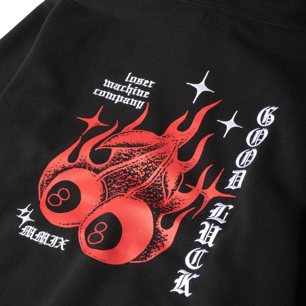 Black t-shirt with red and white graphic design and text on a black background