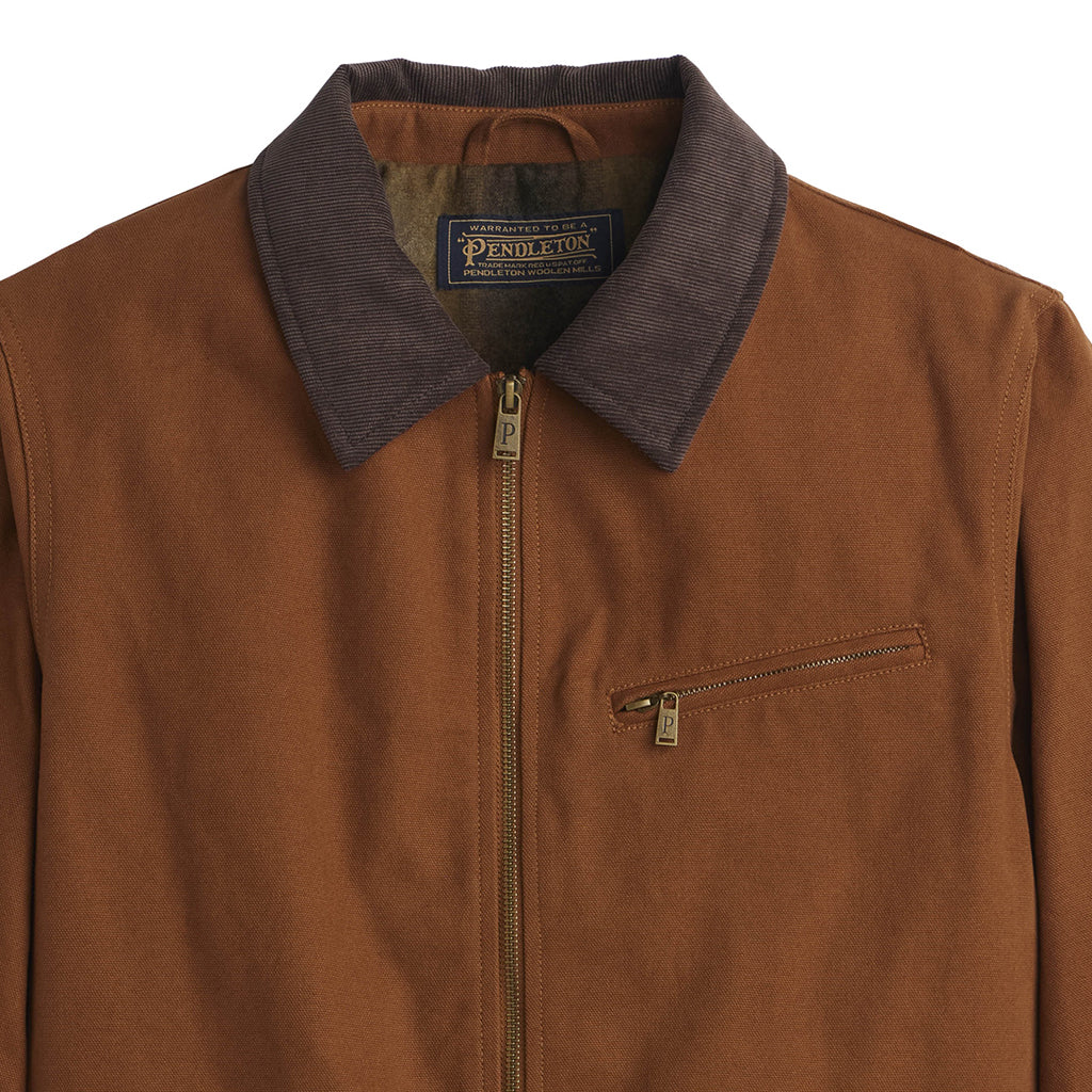 Brown jacket with a collar and zipper on a white background