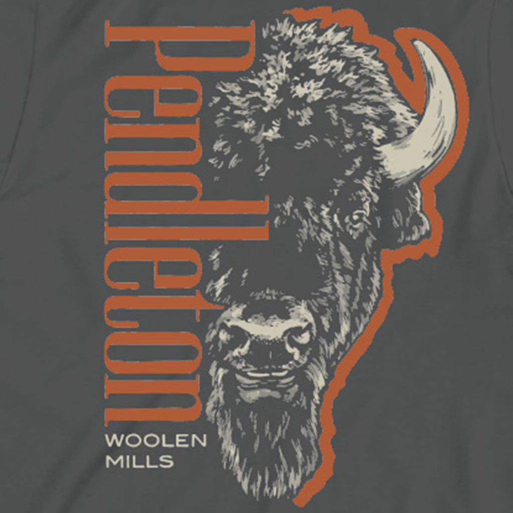 T-shirt with a bison graphic and 'Pendleton Woolen Mills' text on a dark background