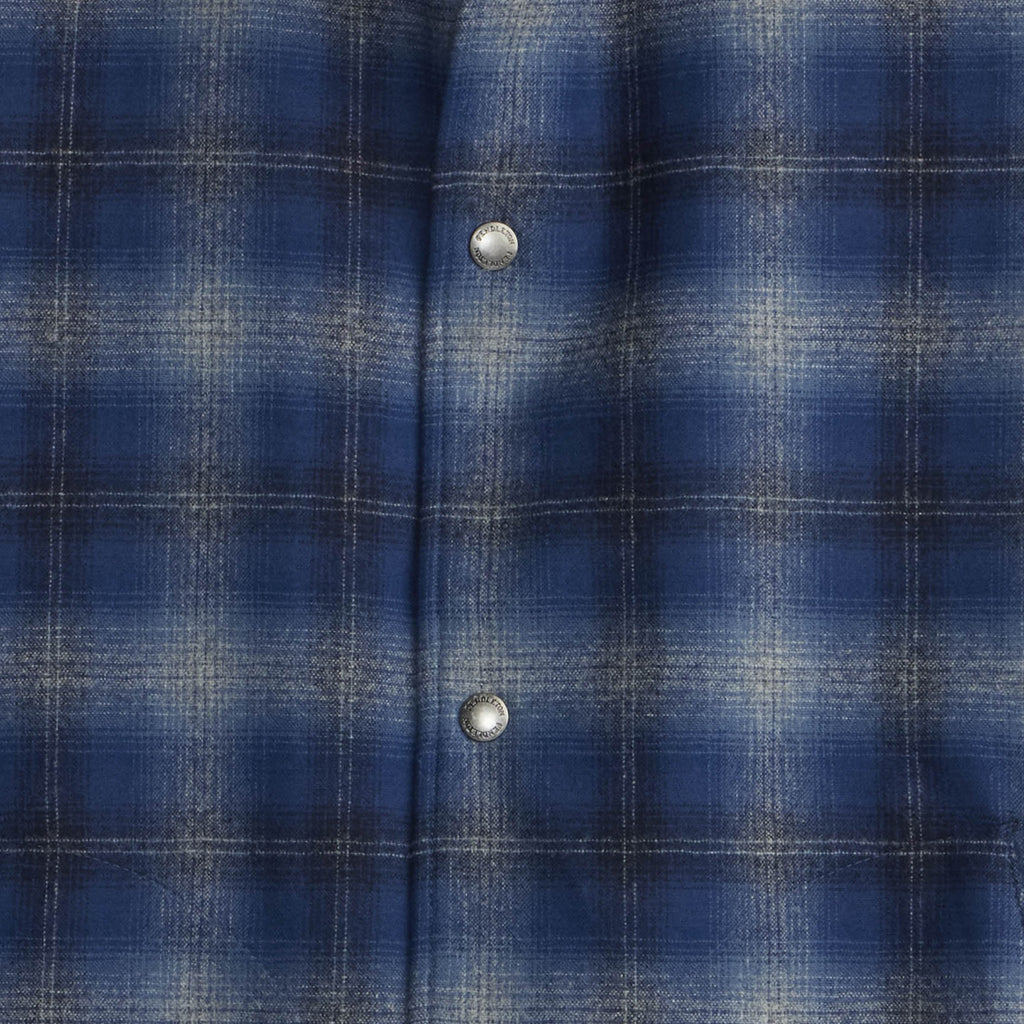 Close-up of a blue plaid shirt with button details