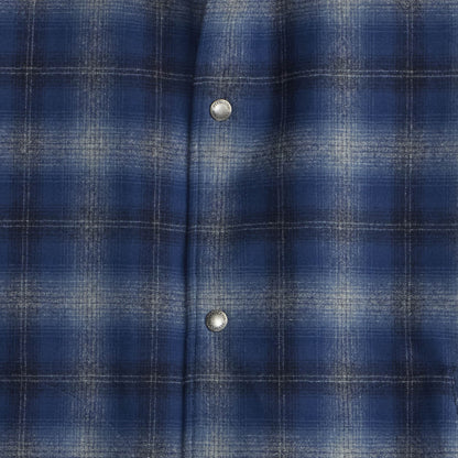 Close-up of a blue plaid shirt with button details