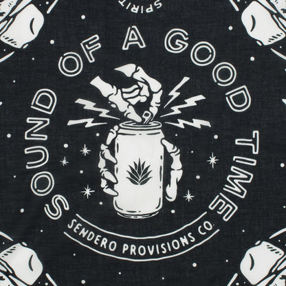 Black fabric with white graphic design featuring a mason jar and text on a black background.