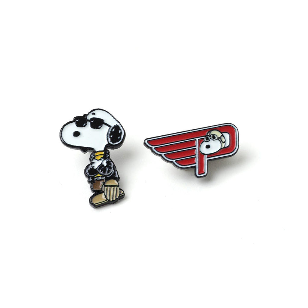 Two pins featuring Snoopy in shades and leather jacket and a logo on a white background