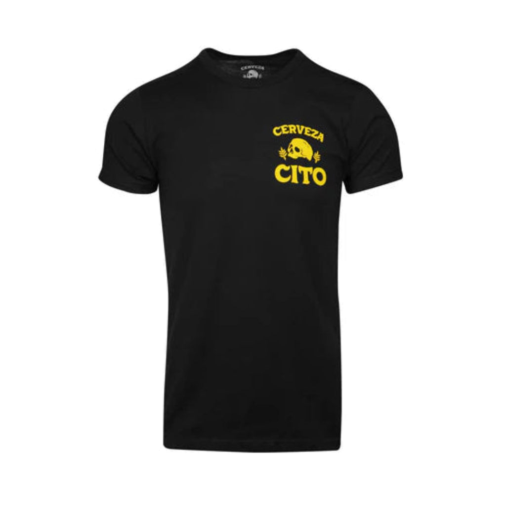 Black t-shirt with yellow 'Cerveza Cito' logo on a white background