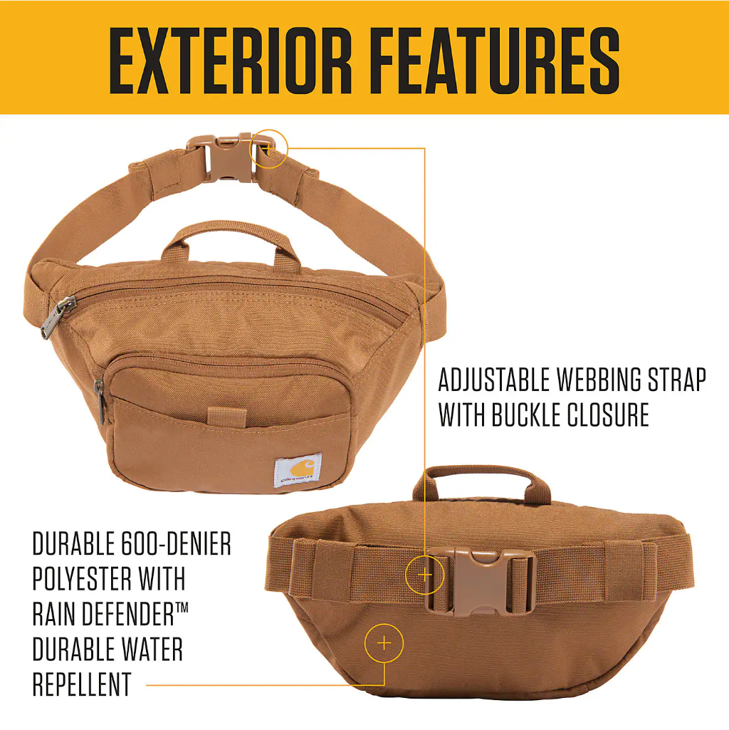 Brown waist bag with features highlighted on a yellow background