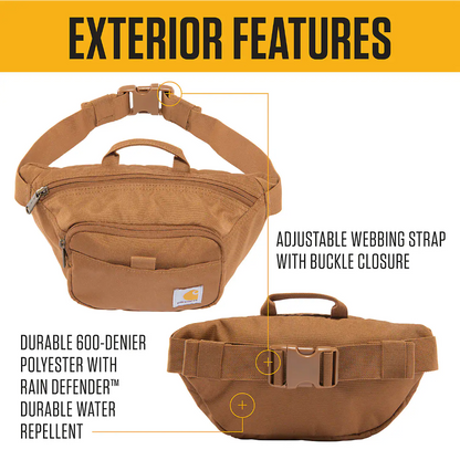 Brown waist bag with features highlighted on a yellow background
