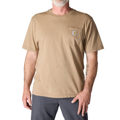 Man wearing a beige t-shirt with a visible brand logo on a white background