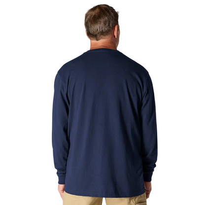 Man wearing a navy blue long-sleeve shirt on a white background