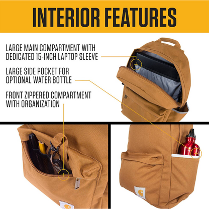 Brown backpack with labeled interior features on a yellow and white background