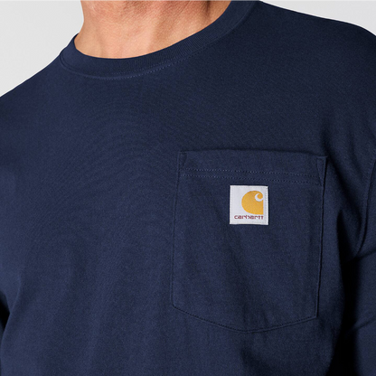 Navy blue t-shirt with Carhartt logo on chest pocket against a white background