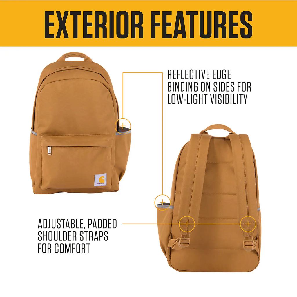 Brown backpack with features highlighted on a white background
