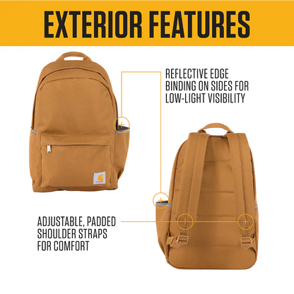 Brown backpack with features highlighted on a white background