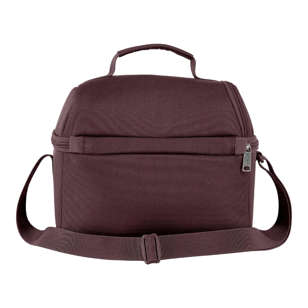 Brown insulated lunch bag with a shoulder strap on a white background
