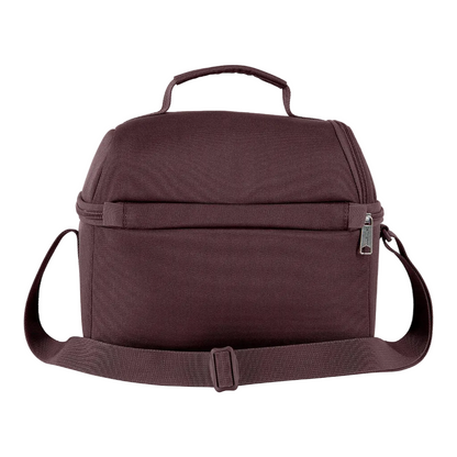 Brown insulated lunch bag with a shoulder strap on a white background