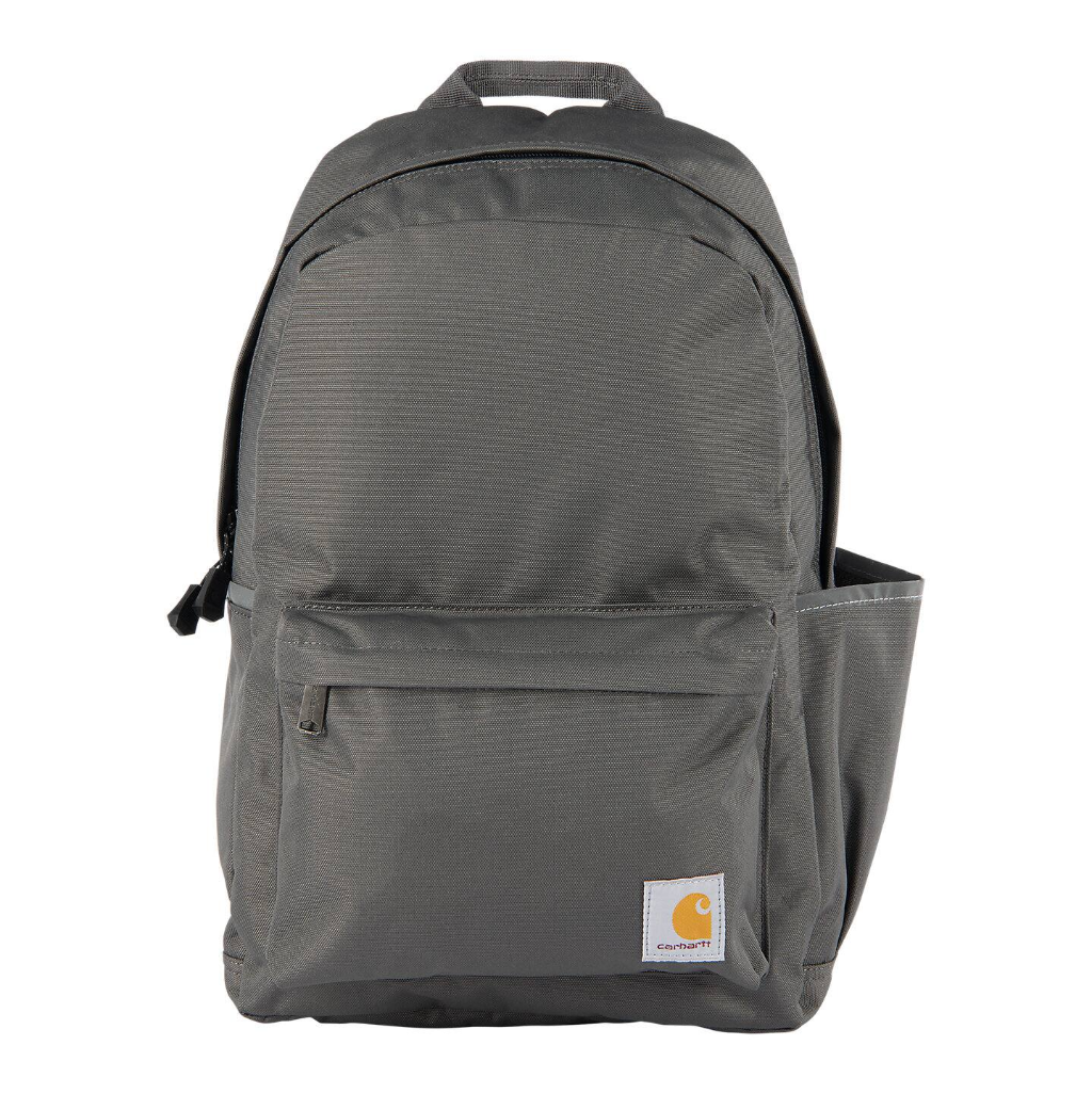 Gray backpack with a visible brand logo on a white background